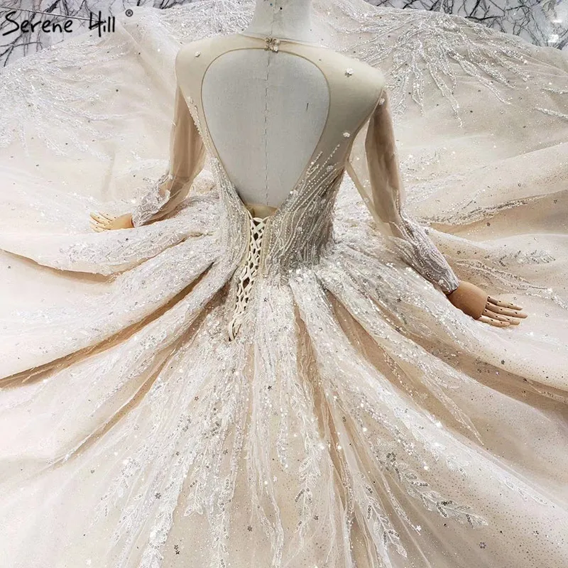 Шампанское роскошные свадебные платья с длинными рукавами 2021 Дубай o-образным