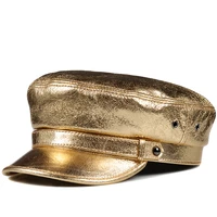 spring korean fashion unisex flat top genuine leather navy hat student shining goldensilver hip pop caps women men streetwear