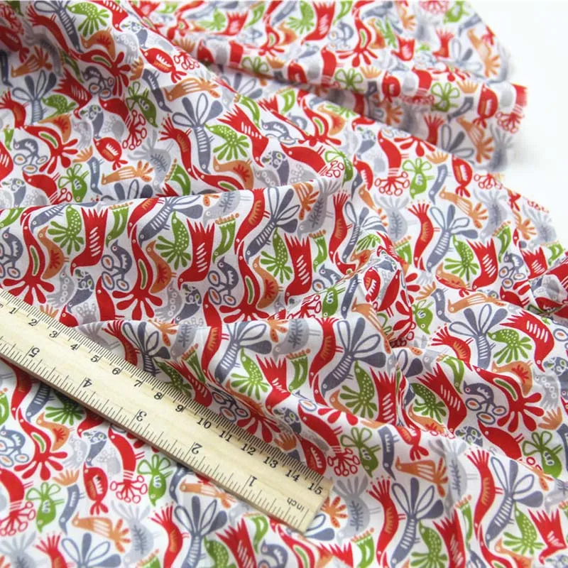 

100% Combed Cotton High Count Red Green Gray Birds Very Thin Fine Fabric for Summer Shirt Dress Blouse Handwork Quilting Cushion