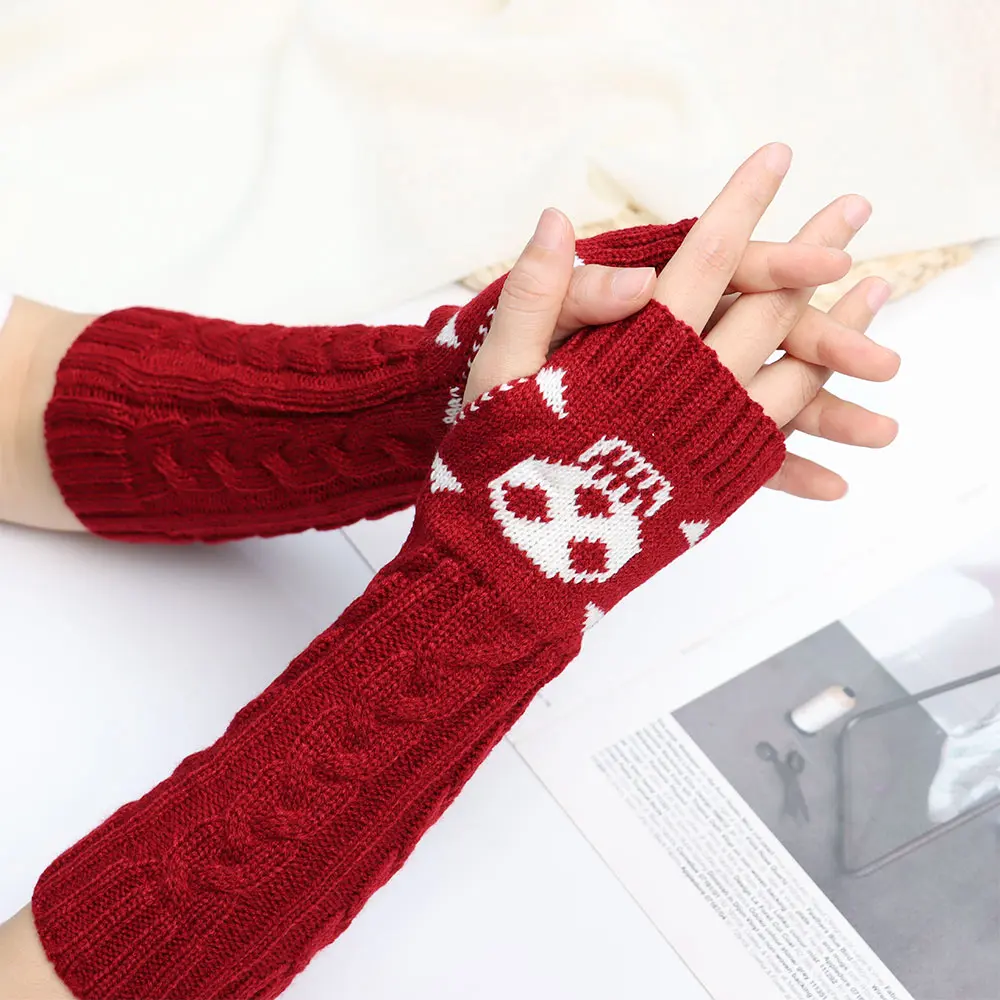 

Women Winter Wrist Arm Warmer Skull Knitted Long Fingerless Gloves Mitten Halloween Gloves Women's Knitted Sleeve