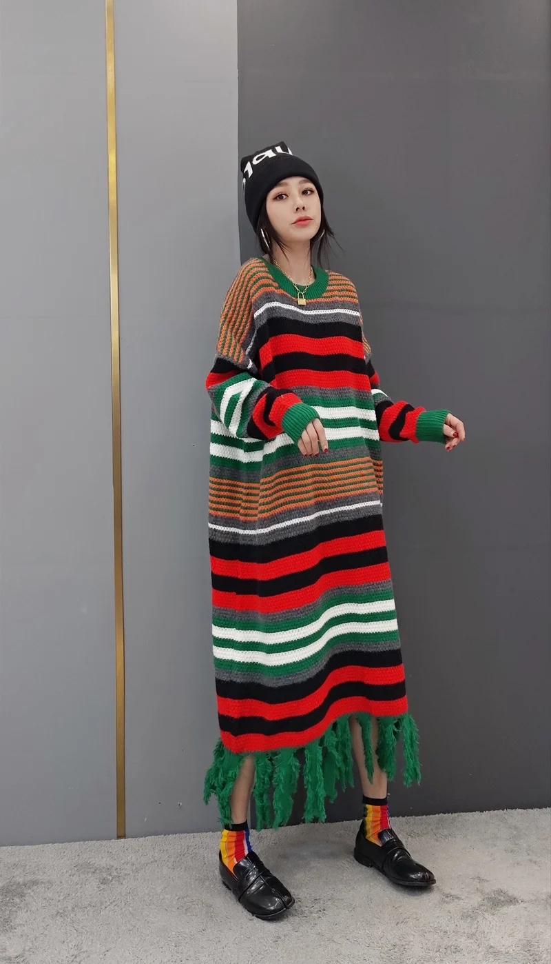 

Plus size 2020 Spring Fashion Knitted Dress Korean Loose Fringed Sweater Dress College Style Female Autumn Striped Leisure Dress