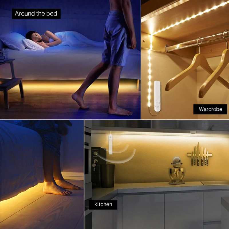 3 м 2 1 Сенсор светодиодный Ночной светильник под кроватью PIR детектор Управление