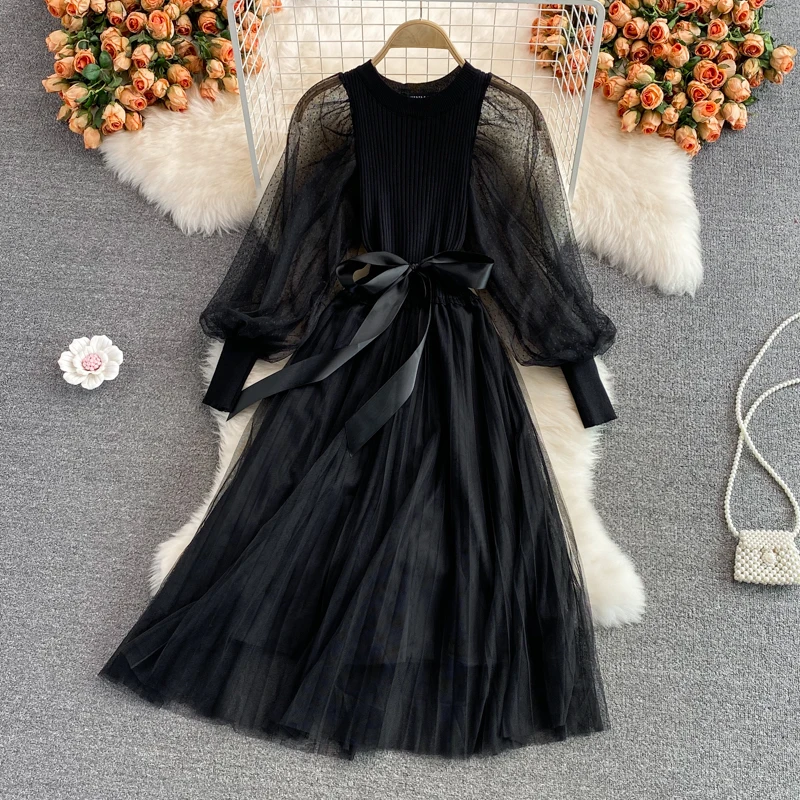 

round Collar Gauze Patchwork Knitting Dress 2021 Autumn New Design Sense High Waist Figure Flattering Wide Hem Long Dress