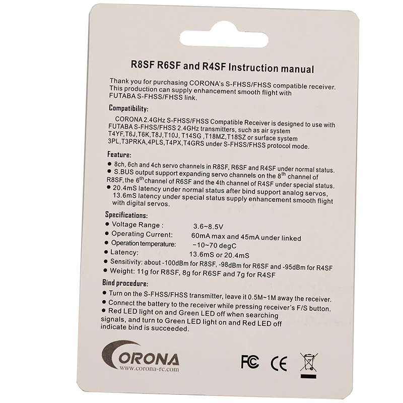 Corona 2,4G R8SF S-FHSS/FHSS 8 Каналы приемник совместимая Futaba S-FHSS T6 14SG