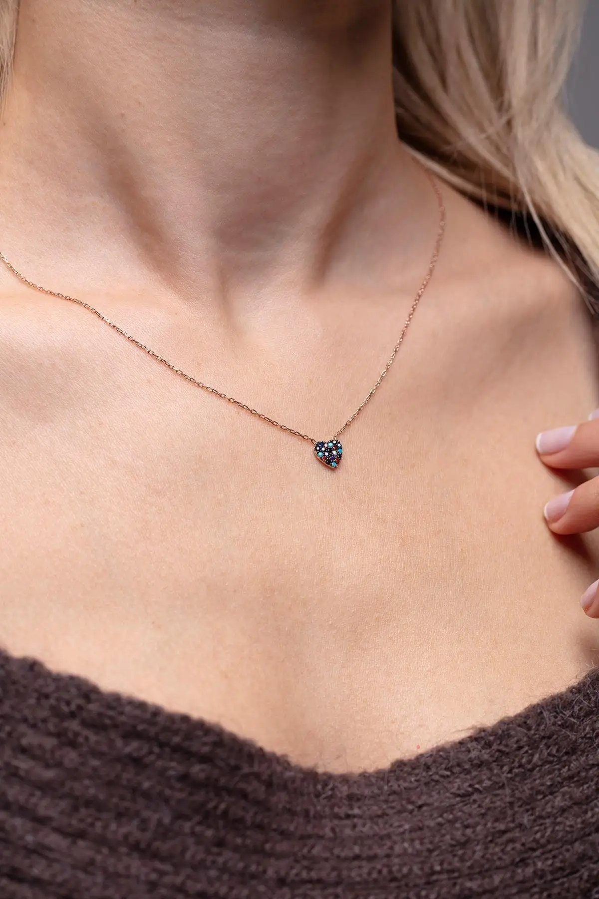 

Mix Stone Heart Model Silver Chain Necklace Blue Black Silver Color Stone Detail