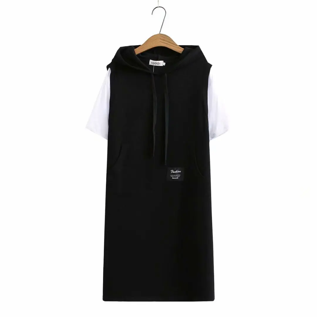

Plus size hooded patchwork short sleeve women dresses 2021 casual summer ladies pockets black gray dress female pullovers tops