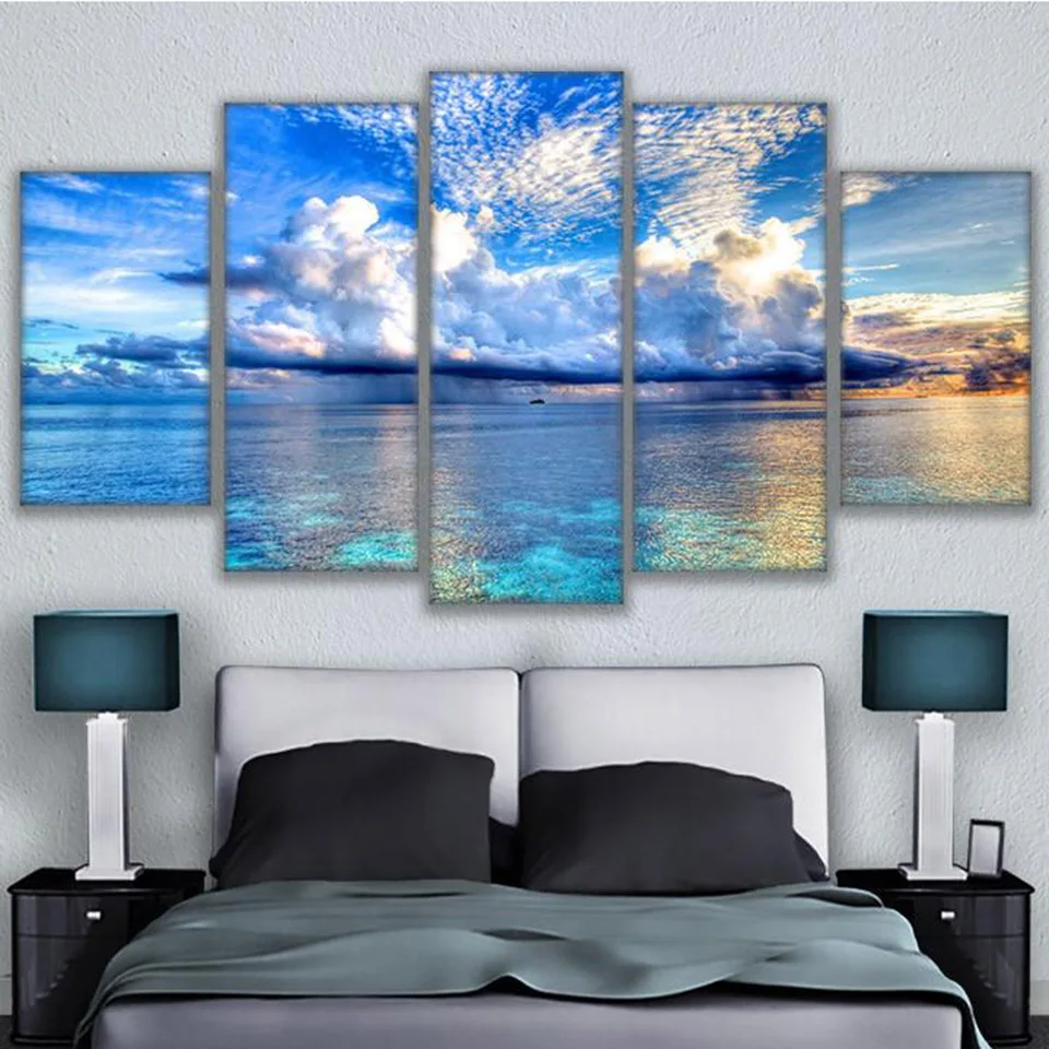 

HD Printed Modular Picture Canvas 5 Panel Sea Landscape Clouds Wall Art Painting Poster Bedroom Living Room Home Decor Framed
