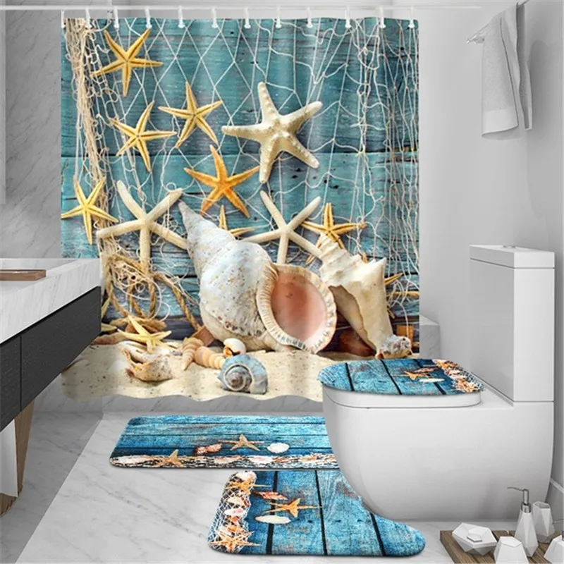 4pcs Seaside Bath Mat Set Beach Starfish Printed Shower Bathroom Carpet Home Decor Anti Slip Toilet Lid Cover Rug Floor Mats | Дом и сад