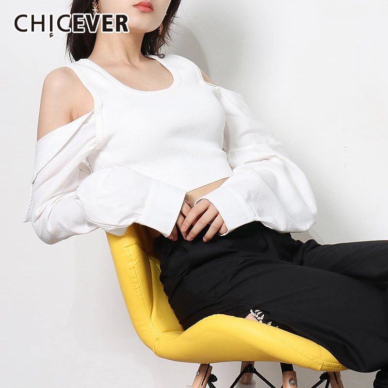

Женская рубашка с открытыми плечами CHICEVER, Повседневная Блузка с круглым вырезом и длинным рукавом, модная осенняя одежда