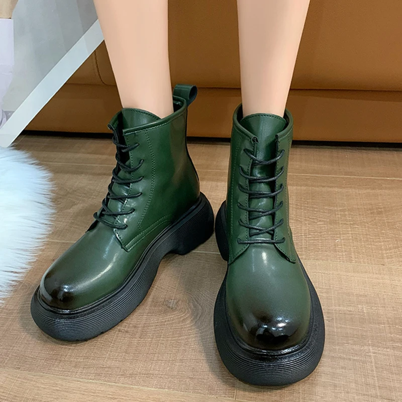 

Rimocy Patent Leather Platform Boots Women 2021 Mix Color Lace Up Chunky Ankle Boots Woman Thick Bottom Motorcycle Booties Mujer