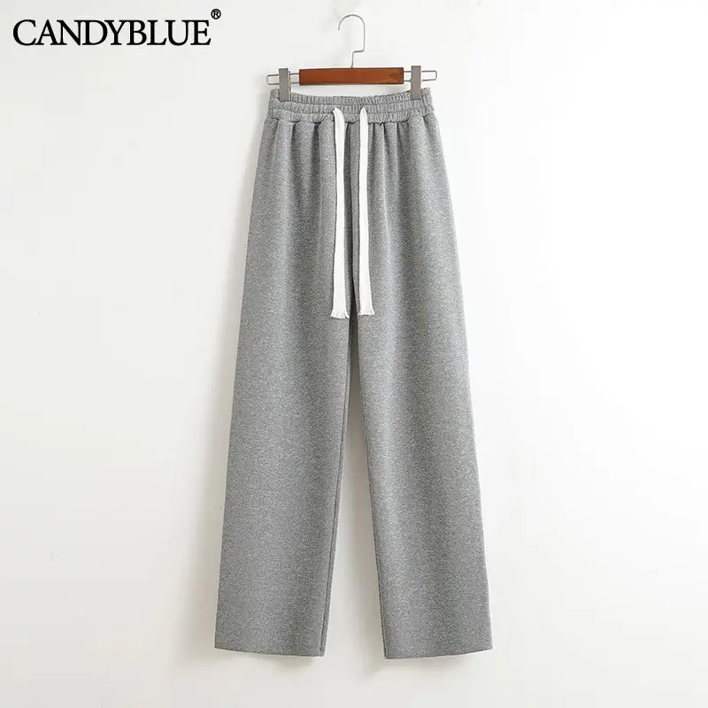 

Casual sports pants women 2022 autumn and winter new fashion high waist plus velvet thick knitted wide-leg pants candyblue
