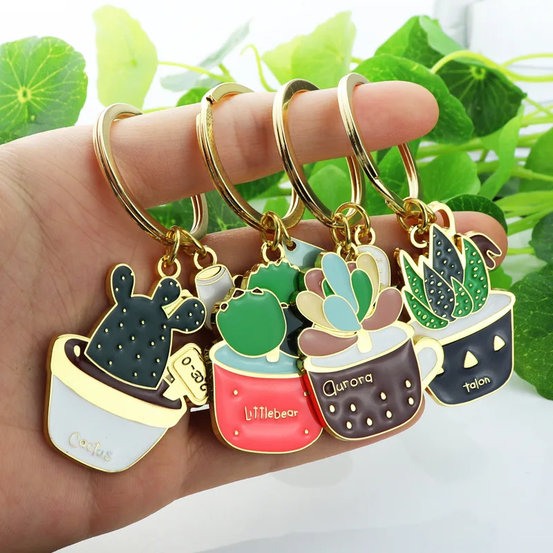 

Lovely Cactus Keychain Women Succulent Potted succulent Plants Shaped Keychain Ring Gold Car Key Chains Best Gift for Friend