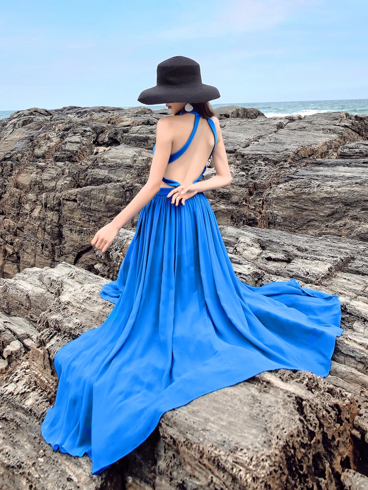 

2021 New Women's Seaside Holiday Beach Skirt Sexy Show Thin Open Back Slit Strap Long Skirt Royal Blue Dress