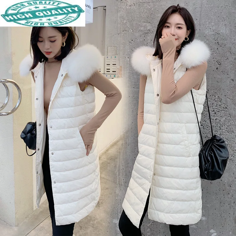 Women Vest Fox Fur Collar Hooded Autumn Winter White Duck Down Jacket Light Korean Long Coat Female Vests KJ6320