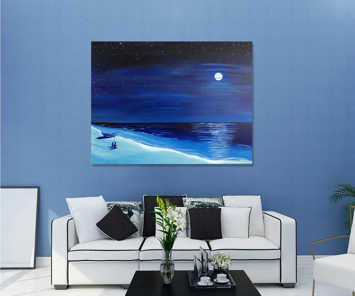 

Синее море и луна в рамке, светодиодный индукционный светильник, картина на стену, картины для гостиной, холст, настенные картины