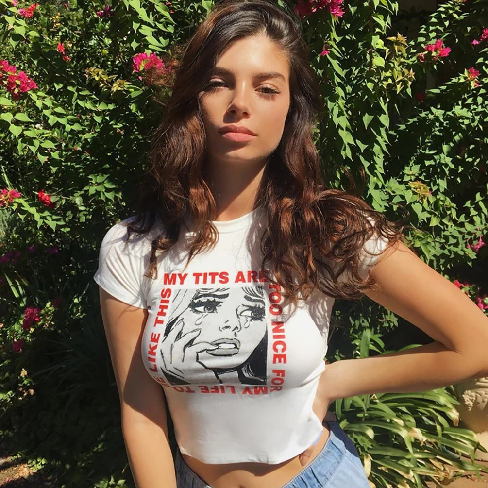 

Focal20 Streetwear Cartoon Crying Girl Print Women T-shirt Crop Tops Casual Short Sleeve O-Neck Tee Lady White T Shirt