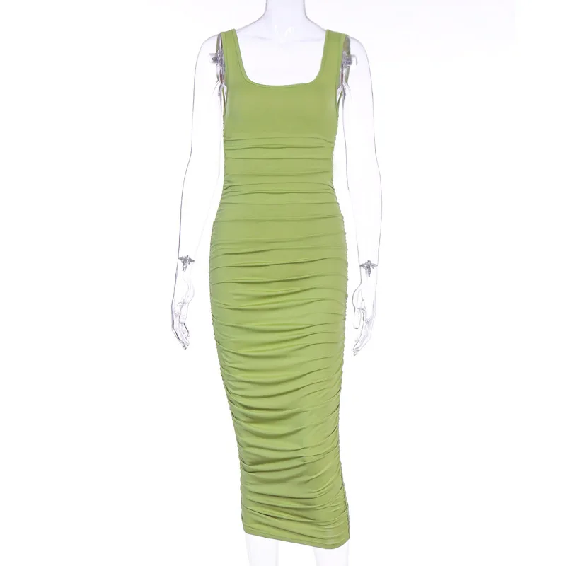 

2021 Ruched Women Midi Shirt Dress Bodycon Sexy Sleeveless Elegant Party Backless Streetwear Spring Summer Clothes Club Clothing