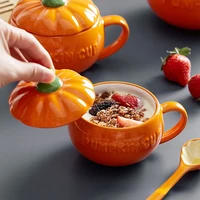 creative trend ceramic cup with lid handmade coffee cup pumpkin shape tea milk breakfast cup oatmeal yogurt high value mug