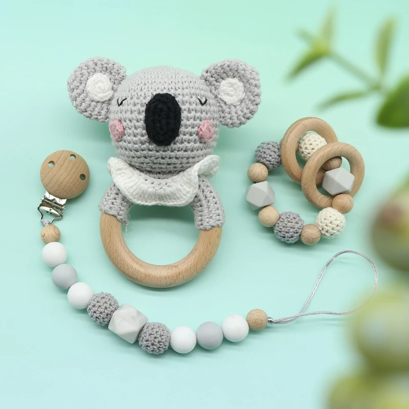 

Baby Pacifier Clip Dummy Chain Holder Wooden Teething Bracelet Crochet Toy Rattle Soother Molar Infants Teether