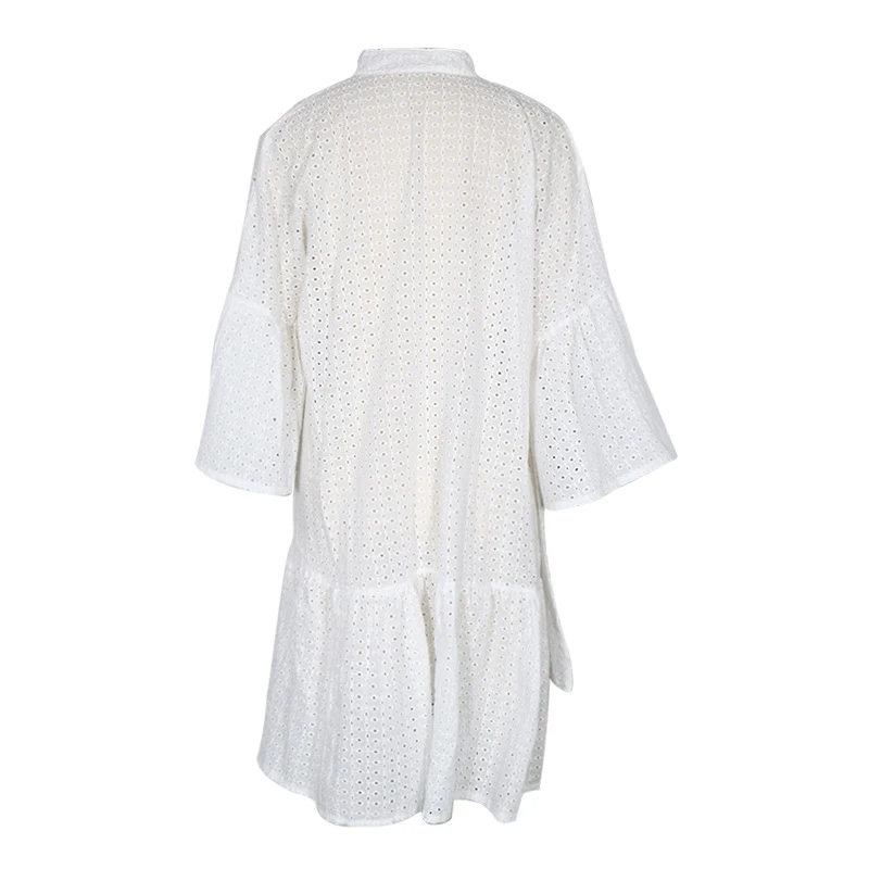 

Spring 3/4 Flare Sleeve Women Midi Dresses Solid Hollow Out Ruffles Female Button Shirt Dress Summer New Loose Ladies Vestidos