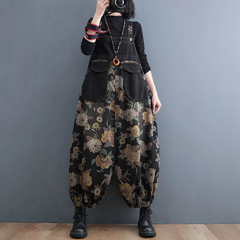 

#1450 Full Floral Printed Harem Denim Jumpsuits Women Loose Wide Leg Jumpsuits Casual Vintage Jeans Jumpsuits Double Pockets