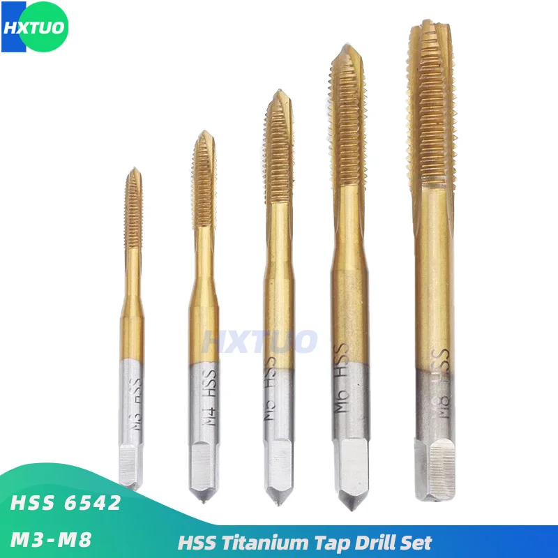 

Hand Tap Drill Bits HSS 6542 Titanium Plated Screw Spiral Point Thread M3 M4 M5 M6 M8 Metalworking Machine Taps Kit