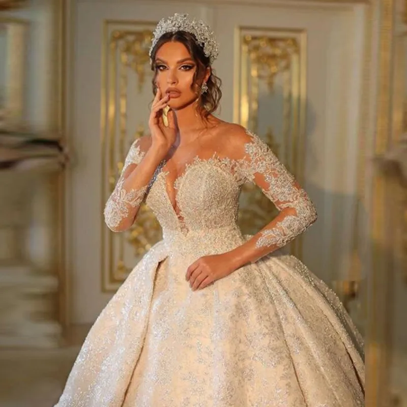 

Vintage Lace Appliques Wedding Dresses Saudi Arabia Sheer Neck Long Sleeves Vestido De Novia Lace Up Back Bridal Gowns 2021