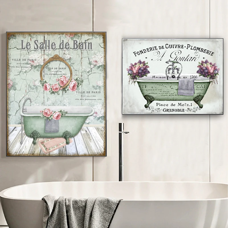 

Bathroom Decor Poster Vintage French Style Shabby Victorian Bathtub Canvas Painting Wall Art Modular Pictures Room Home Decor