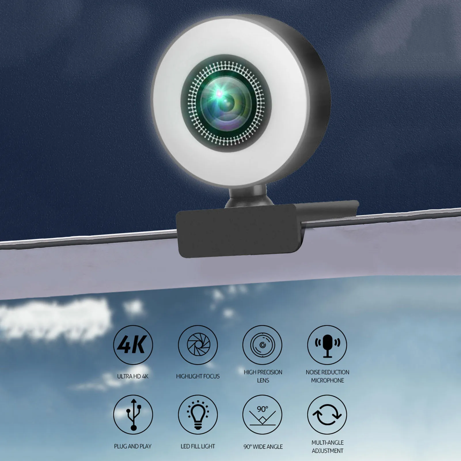 

Multifunctional Portable USB 2.0 Video Camera Black 4K HD Fill Light Computer Camera Driver Free Conference Live Webcam for PC