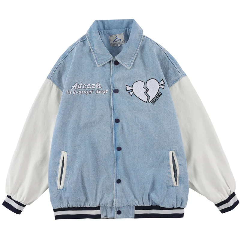 

Джинсовая бейсбольная куртка с вышивкой в виде разбитого сердца, Мужская Хип-уличная одежда длиной до бедер в стиле пэчворк Harajuku, университ...