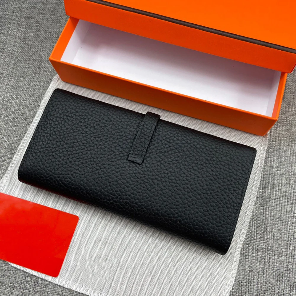 

Genuine leather neutral wallet luxury design famous brand buckle rectangular walletfashion business cardholder ladies coin purse