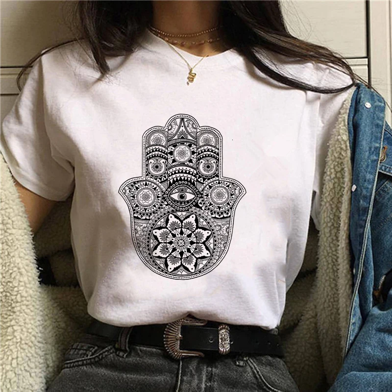

Vogue Vintage Hamse upward Hand blue Eyes t shirt women Fatima Hand downward purple Eyes T-shirt Classic Totem graphic Tops