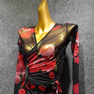 Топ для латиноамериканских танцев с принтом, костюм для танца на шесте, Женская Одежда для танцев, пикантная одежда для вальса, одежда для бальных танцев, женская Танцевальная рубашка