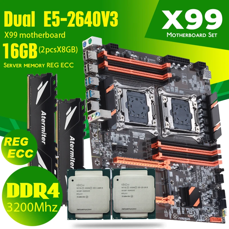 

DDR4 Dual X99 Motherboard With 2011-3 XEON E5 2640 V3*2 With 2* 8GB = 16GB 3200MHz REG ECC Memory RAM Combo Kit USB