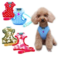 pet adjustable dog cat polka dot print cotton harness vest with bell walking leash puppy mesh harness for small medium dog set