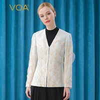 voa heavy silk 30mm milk white v neck long sleeved ogan yarn bump stitching yellow wire embroidered straight sleeve jacket we77