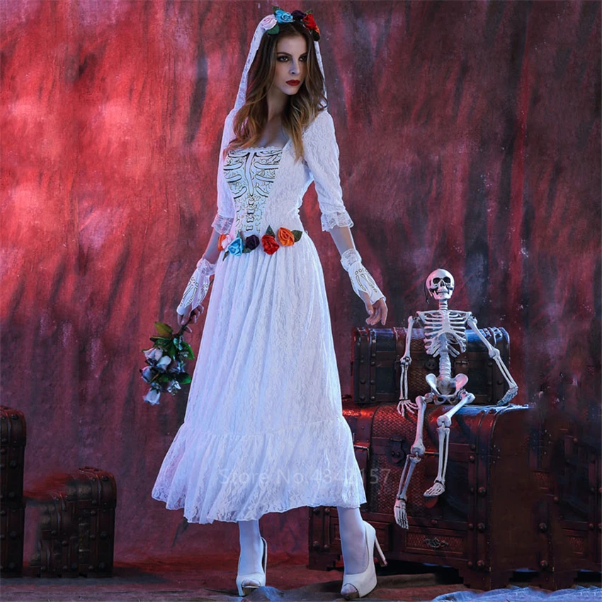 Платье на Хэллоуин со скелетом для невесты страшный женский костюм косплея с