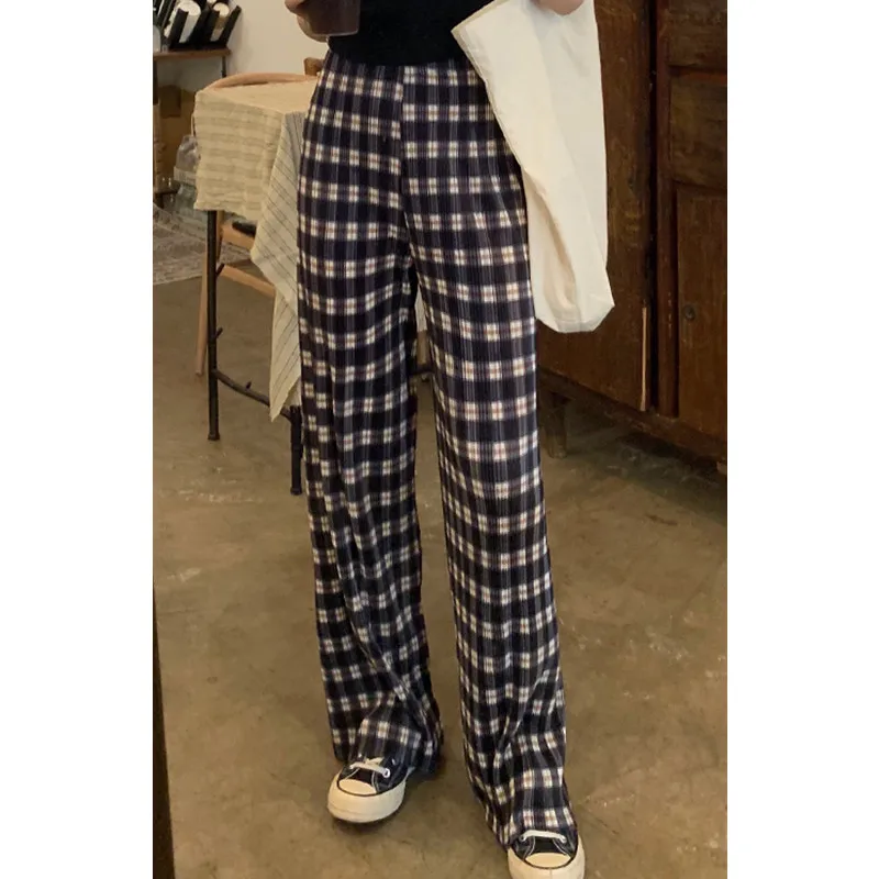 

Real Shot 2021 New Plaid Wide-Leg Pants Women's High Waist Draped Thin Loose Straight Pleated Casual Mopping Pants