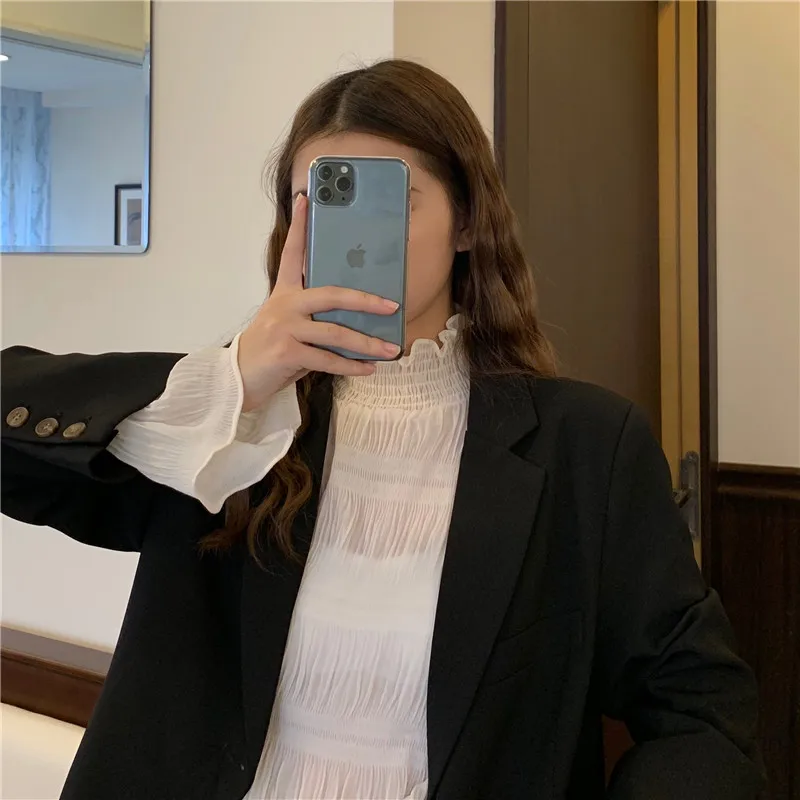 

Korean Pleated Chiffon Blouse Women Vintage Long Sleeve Shirts Women Turtleneck Blouses and Tops blusas mujer vetement femme