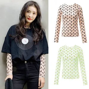 Imported Solid Color Crescent Moon Print O-Neck & Turtleneck Long/Short Sleeves Shirt Summer Women Hot Chic B