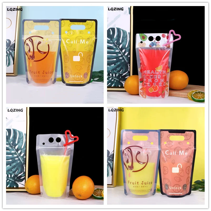 

100pc Capacity 450ml Stand-up Beverage Drink Coffee Plastic Packaging Bag Resealable Zip Lock Fruit Juice Pouches Bag With straw