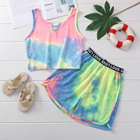 cute kids girls tie dye outfit clothes summer sport set tracksuit outdoor wear sleeveless crop vest top with letter print shorts
