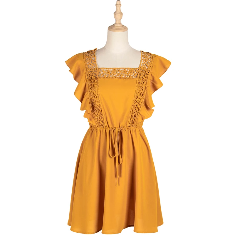 

Women's Solid Color Stitching High Waist Sleeveless Dress Female Summer New Lotus Leaf A-Line Dress 2021 Fashion Party Dress