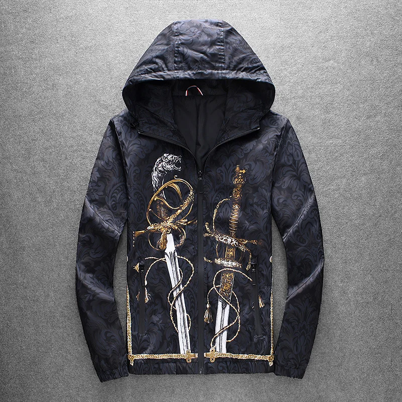 

Black Fashion Designer Hooded Men's Jacket War Knife Sword Design High Quality Mens Baseball Jacket Outerwear Coat 2557