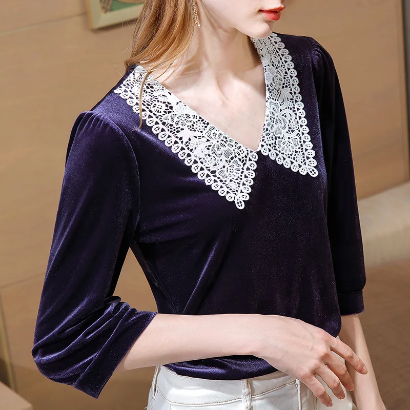 

7 / 3 sleeve T-shirt 2021 spring women's Velvet top women's stitching lace temperament doll collar foreign style shirt