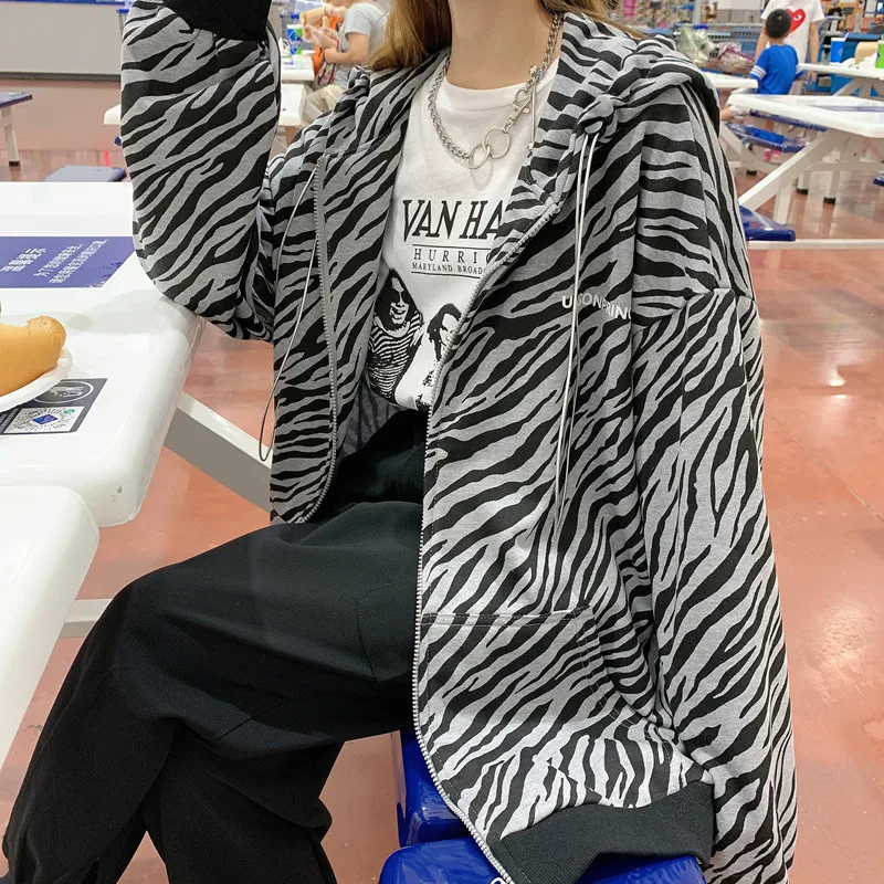 

Jackets Women Zebra-printed Hooded Drawstring Coats Fashion Autumn Clothes Female Outerwear Chic Ulzzang Loose Street Style Ins