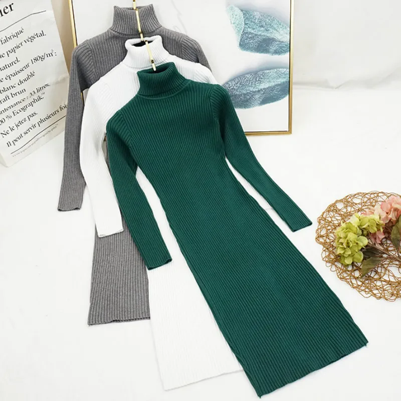 Женское трикотажное платье-свитер с высоким воротником и длинным рукавом |