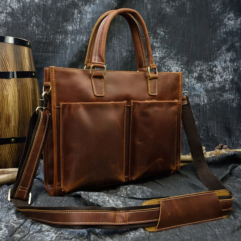 Luufan Crazy Horse Leather Briefcase Handbags Men Male 15.6 Inch Laptop Bag Big Capactiy Tote Bags PC Computer Bag Real Cowskin