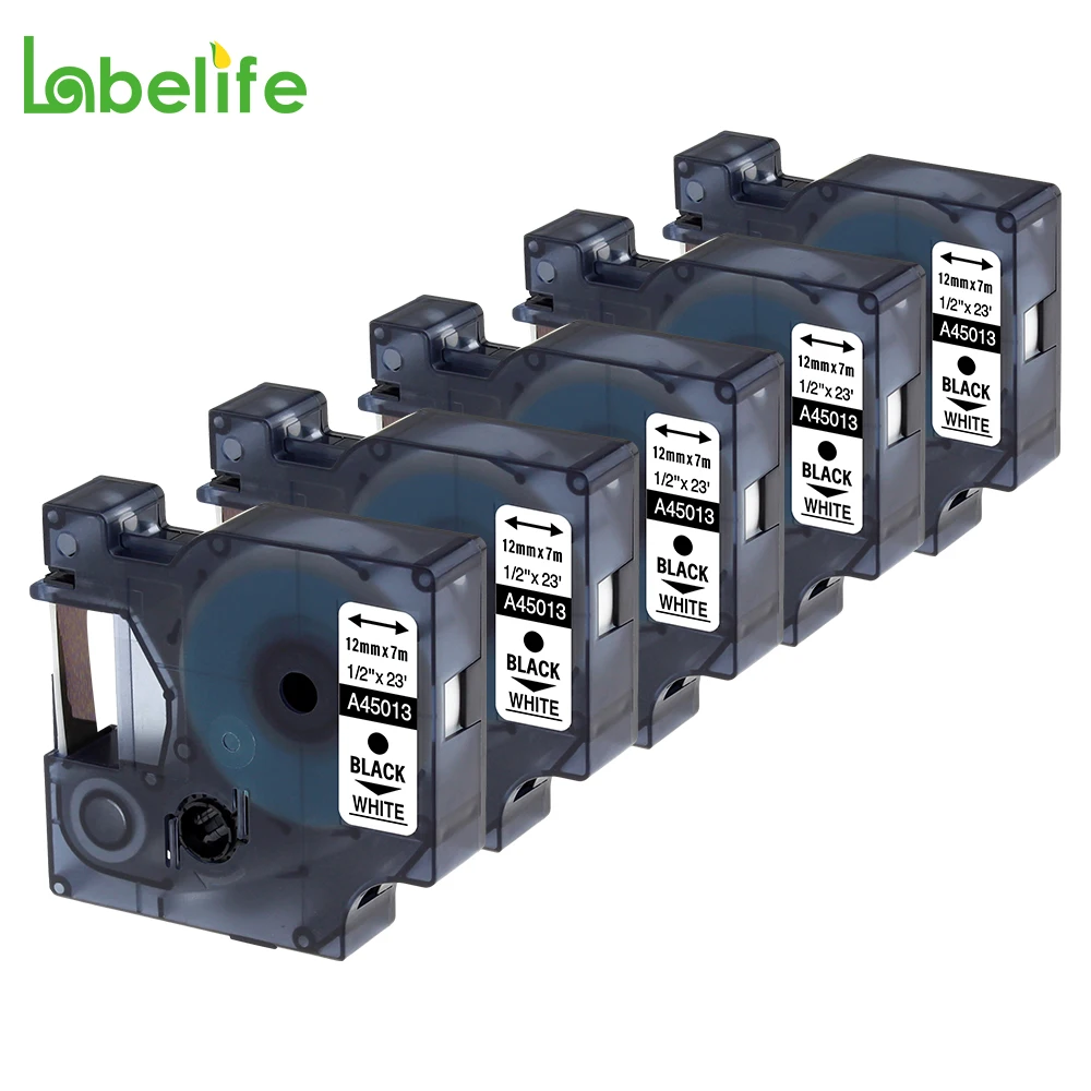 Labelife 5 шт. 45013 для DYMO D1 этикетка лента 12 мм черная на белой фотоленте DYM0 LabelManager