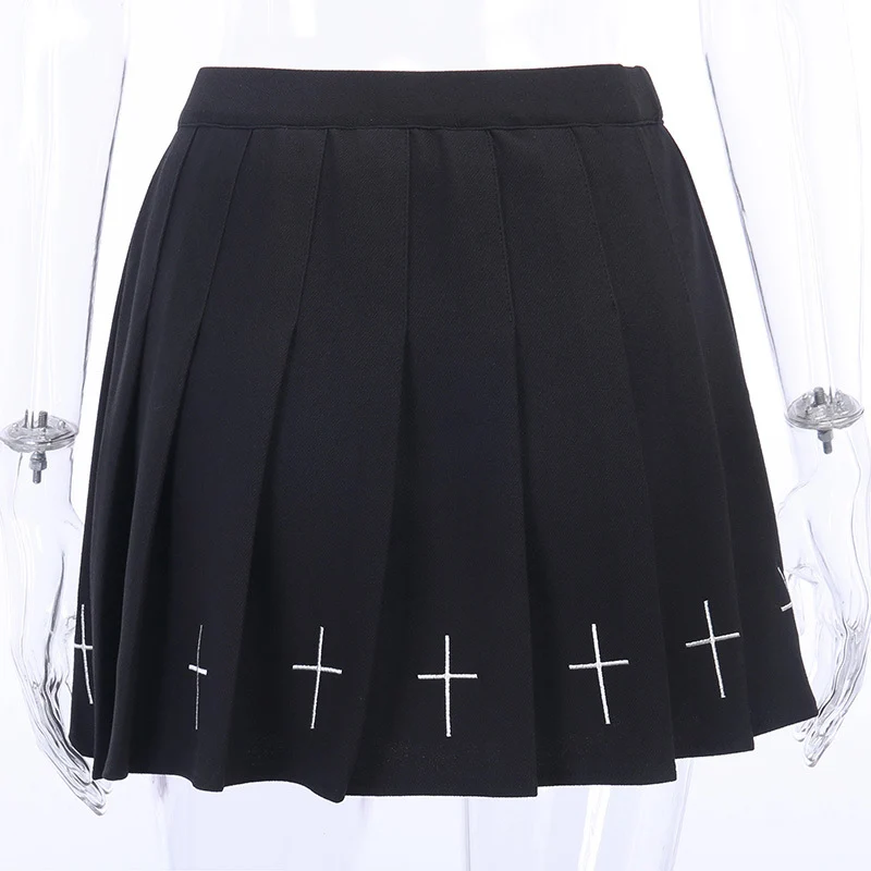 

Summer Fashion Slim Cute Preppy Style Print Cross High Waist SML XL XXL 2 Colors Woman Casual Pleated Skirt Lady A-line Skirt